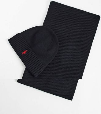 Polo Ralph Lauren set sciarpa e berretto con logo icon nero