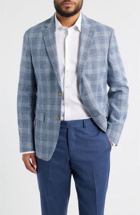 Nordstrom Henrik Trim Fit Plaid Slub Linen & Cotton Blend Sport Coat in Blue Enzo Plaid at Nordstrom, Size 54