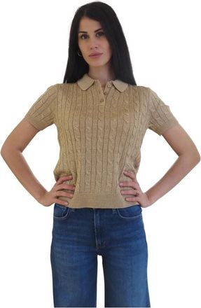 Ralph Lauren Metallic Cable-Knit Polo Sweater - Dames - V-hals truien - Bruin - M - Katoen - Truien & Vesten