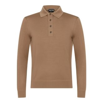 Tom Ford Tops, Heren, Bruin, M, Wol, Geribbelde Polo Sweater