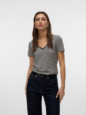 Vero Moda V-Shirt VERO MODA VMPEPPER SS V-NECK T-SHIRT VMA NOOS, Damen, Gr. XS, beige (birch stripes:schwarz), Jersey, Obermaterial: 95% Modal, 5% Elasthan, ges