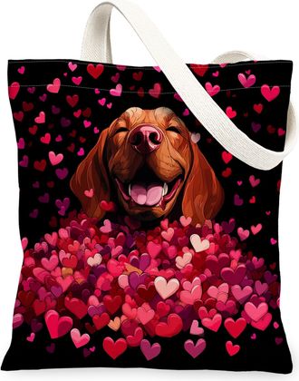 Generic Valentines Day Bulldog Dog Canvas Tote Bag for Shopping 13x15, Fun Heart Puppy Reusable Grocery Print Bag for Women, Lover Pet Beach Aesthetic Paintin
