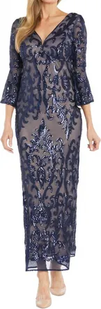 R & M Richards Contrast Sequin Gown In Navy/nude