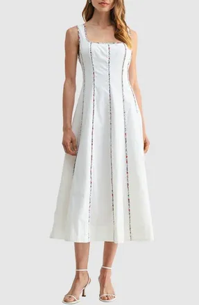 Mila Mae Floral Piping Sleeveless Fit & Flare Midi Dress in White at Nordstrom, Size X-Small