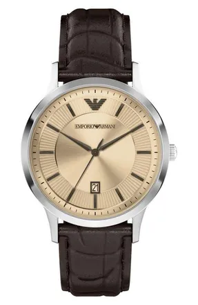 Emporio Armani Three-Hand Leather Strap Watch, 43mm in Brown at Nordstrom