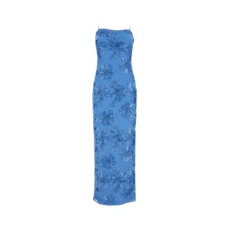 Rotate Lange nauwsluitende jurk met bandjes- ritssluiting aan de achterkant en reli&euml;f bloemmotief - Dames - Maxi kleedjes - Blauw - XS - Kleedjes