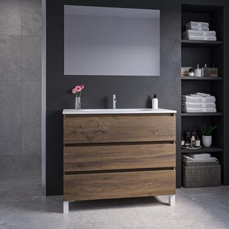 Saniclass Chaci PLUS Badkamermeubelset - 100x86x46cm - keramische wastafel wit - 1 ovale wasbak - 1 kraangat - 3 lades - rechthoekige spiegel - noten (hout)