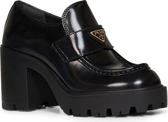 Prada Womens Heeled Loafers Brushed Black Leather