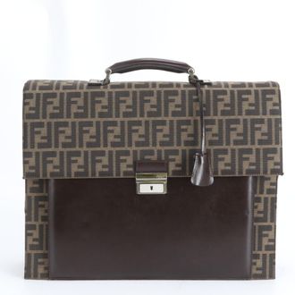 Fendi Brown Leather Canvas Briefcase Tote Bag (Pre-Owned)