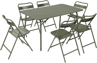 Sweeek Folding metal garden table + 6 chairs, khaki green - Amelia