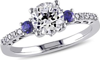 Amour 1/10 CT TW Diamond, Created White and Created Blue Sapphire Engagement Ring In 10K White Gold