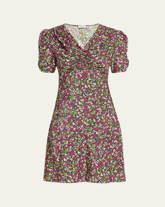 Burberry Jade Floral-Print Silk Ruched Short-Sleeve Mini Dress