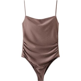 Mango Ruched Rhinestone One-Piece Swimsuit in Medium Brown at Nordstrom, Size X-Small