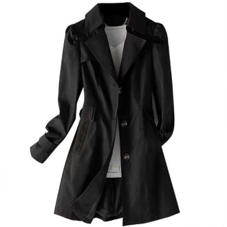 Generic Trench Coat Womens Slim Fit Womens Korean Version Double Breasted Small Mid Length Trench Coat (Black, XXL)