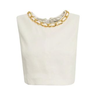 Elisabetta Franchi Sleeveless Tops, female, White, Size: M Linen-blend Top with Jewel Chain