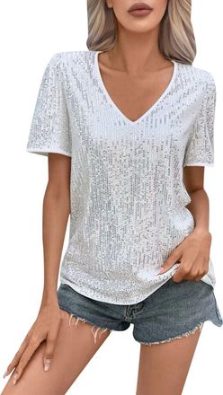 Generic Sparkly Tops for Women UK Short Sleeve Blouses Shirts Plain Basic Chiffon Blouse Sequin T-Shirt Pleated Glitter Casual Ladies Carnival Party Club Tshi