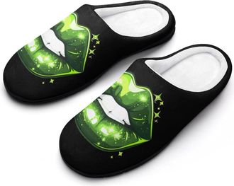 Generic Green Lips Print Womens Slippers Warm House Slippers Indoor House Shoes with Anti-Skid Rubber Sole