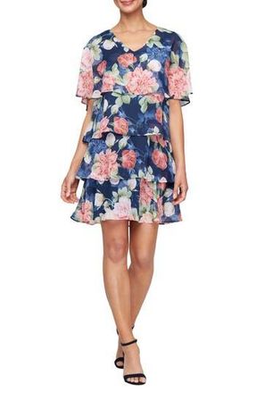 S.L. Fashions Floral Flutter Sleeve Tiered Minidress in Navy Multi at Nordstrom Rack, Size 14