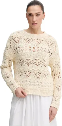 Oui Truien & Vesten, Dames, Beige, XL, Katoen, Trui met open structuur en ronde hals
