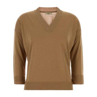 Herno Trui in Glam Knit Effect - Dames - V-hals truien - Bruin - S - Katoen - Truien & Vesten