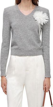 Self Portrait Fitted Grey Knit Sweater with Floral Applique