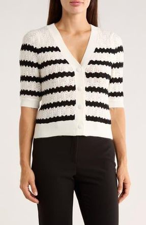 Ellen Tracy Stripe Short Sleeve Pointelle Cardigan in Marshmallow at Nordstrom Rack, Size X-Large