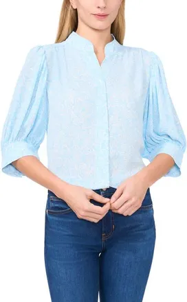 CeCe by Cynthia Steffe Printed Puff Sleeve Button-Up Shirt in Waterfall at Nordstrom, Size X-Large