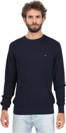 Tommy Hilfiger Blauwe Crew-Neck Sweater met Honingraat Weefsel - Heren - Ronde hals truien - Blauw - XS - Katoen - Truien & Vesten