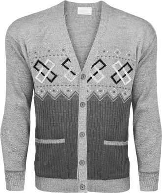 Generic MMK Mens Classic Button Long Sleeve Cardigan Argyle Knitwear Jumper - Adults Granddad Aztec Printed Two Front Pockets Winter Outdoor Sweater Top (Grey