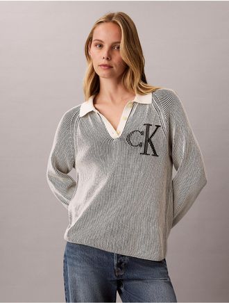 Calvin Klein Jeans Calvin Klein Womens Bicolor Rib Monogram Polo Sweater - Grey - XL