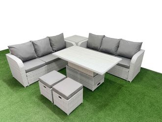 Fimous Outdoor Garden Furniture Sets 8 Seater Wicker Rattan Furniture Sofa Sets w/ Adjustable Lifting Dining or Coffee Table high Back Lounge Sofa