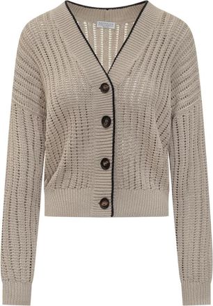 Brunello Cucinelli Gebreide kleding met knoopsluiting - Dames - Vesten - Beige - XL - Truien & Vesten