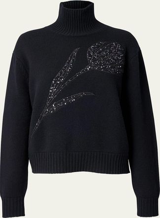 Carolina Herrera Turtleneck Paillette Rose Wool-Cashmere Sweater