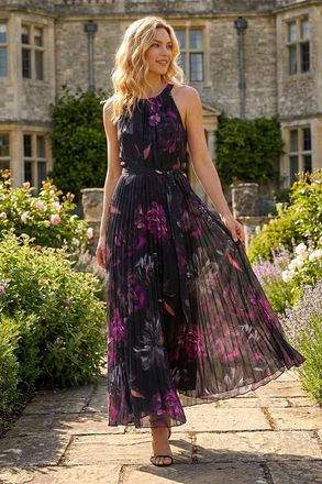 Roman Womens Floral Pleated Halter Neck Maxi Dress - Black - Size 20 UK