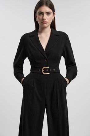 Karen Millen Womens Petite Tailored Crepe Belted Wide Leg Jumpsuit - Black - Size 12 UK