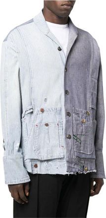 Greg Lauren Light Jackets, male, Multicolor, M, Blue Striped Patchwork Cotton Shirt