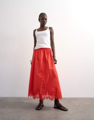 Topshop Gonna lunga rossa a ruota con fondo in pizzo-Rosso