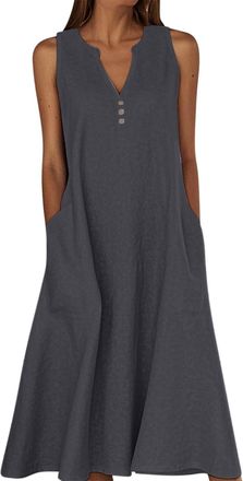 Generic Dress for Women Summer Dresses Elegant Boho T-Shirt Dress Solid Color V Neck Side Pockets A Line Casual Mid Long for Women Daily Classic Party UK Casu