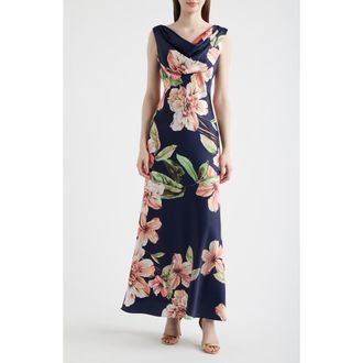Eliza J Floral Cowl Neck Satin Gown in Navy at Nordstrom, Size 12