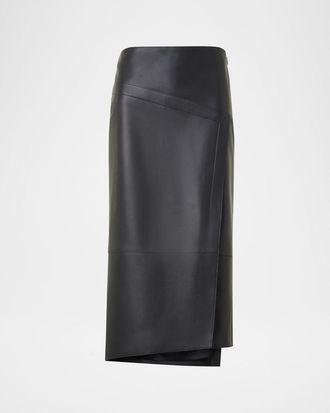 Akris Asymmetric Trapezoid Nappa Leather Midi Skirt