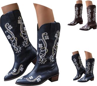 Generic Womens Cowboy Boots Wide Fit Mid-Calf Slip On Waterproof Cowgirl Boots Comfort Chunky Heel Embroidered Western Wedding Shoes Classic Retro Pointed Toe