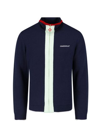 Casablanca Deep Navy Sweater With Mint Stripe And Contrasting Trim