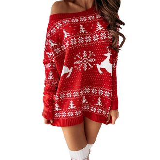 Generic Christmas Dresses for Women UK Knitted Dress Knee-Length Sweater Long Sleeve Jumper Dress Autumn Winter Party Dresses Round Neck Christmas Hoodie Eleg