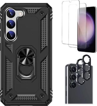 Sahara Bundle: Black Kickstand Series with Belt Clip Case with Tempered Glass Screen and Camera Protector - Samsung Galaxy S23