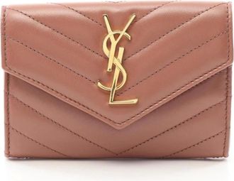 Saint Laurent Pre-owned Wallets, female, Brown, Size: ONE SIZE Pre-owned Compact Leather Card Holder with Quilted Stitching