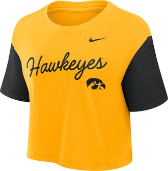 Nike Iowa Script Nike Womens Dri-FIT College Cropped T-Shirt in Yellow | 01D4068YIA-8HZ