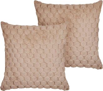 Beliani Set of 2 Decorative Cushions PURSLANE Faux Fur 43 x 43 cm Sand Beige Geometric Pattern