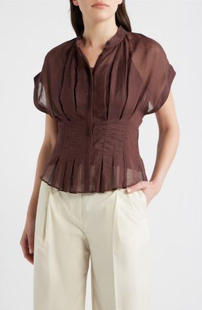 BOSS Badavina Pleat Waist Sheer Button-Up Shirt in Mocha at Nordstrom, Size 14