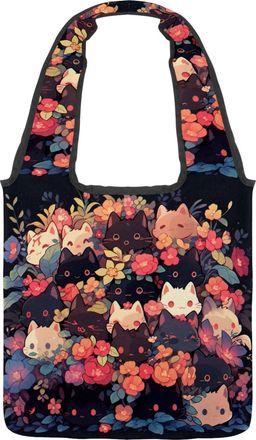 Generic Flowers and Kittens Reversible Canvas Shoulder Tote - Double-Sided Print, 12oz Cotton, 27cm Drop, Fold-Flat Bag for Travel, Shopping, Street Outings