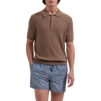 Bugatchi Cruz Wave Print Swim Trunks in Taupe at Nordstrom, Size Xx-Large